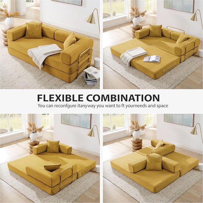 HANXIN 78 Inch Convertible Sleeper Sofa Bed, Folding Floor Mattress Couch with Fixed-Shape Frame, Futon Boneless Couch Lounge Loveseat with Pull Out Bed, No Assembly Required (Yellow)