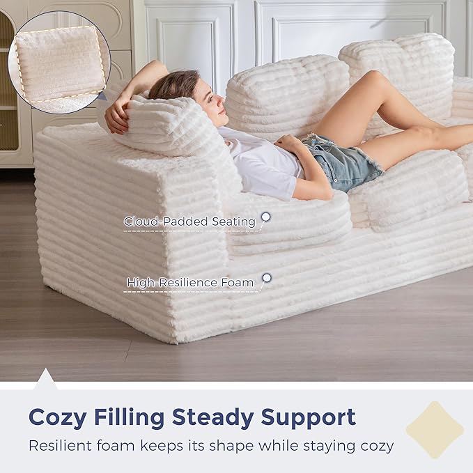MAXYOYO 3-Seater Boneless Sofa Couch, Modern Faux Fur Sofa for Living Room, Soft Bean Bag Chair High-Density Foam Couch with Pillows, No Assembly Required