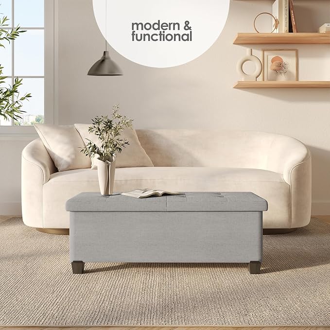 STORAGEBUD Storage Ottoman Bench with Bins, 43-in Storage Bench for Bedroom End of Bed, Folding Foot Rest Ottoman for Living Room Max 660lbs, Fabric Ottomans, Light Grey