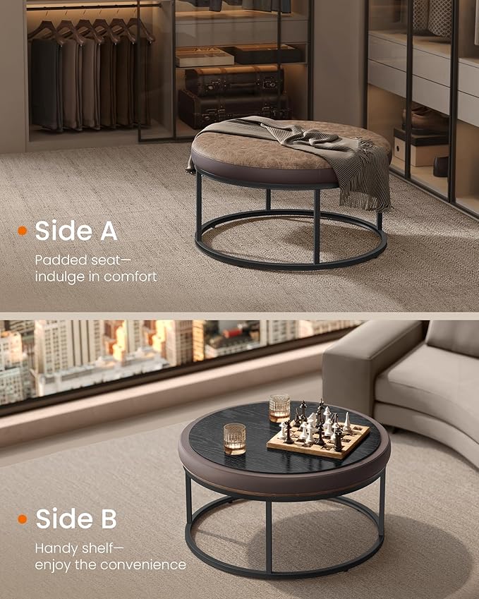 SONGMICS HOME LUIZ Collection - Ottoman, Round Coffee Table, Footstool, Reversible Top, Padded Seat, Side Table, Minimalist, Steel Frame, Max. Load 660 lb, for Living Room, Walnut Brown ULOM078K01
