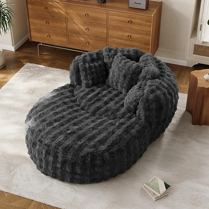 55" W Oversized Round Chaise Lounge Chair with Ottoman Indoor Boneless Faux Fur Plush Fluffy Circle Couch Soft Comfy Cozy Cloud Reading Chair with 5 Pillows for Living Room, Playroom, Bedroom - Grey