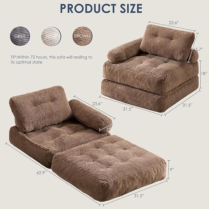 Folding Sofa Bed with Armrest,Convertible Sleeper Chair for Adults, Folding Sofa Bed Foam Filling Couch with Pillow，Sleeper Chairs Single Size Floor Mattress,Brown