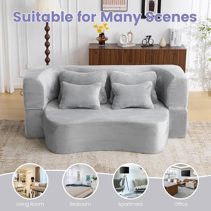 Orynveela Convertible Folding Sofa Bed, 78” Full Size Floor Sleeper Couch, Chenille Full Foam Curved Back Futon Loveseat for Living Room Bedroom, No Assembly (Beige White)