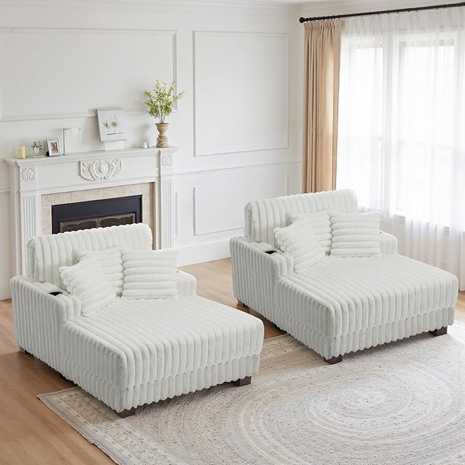 UIXE Chaise Lounge Chairs Set of 2, Oversized Indoor Sleeper Chair with 2 Cup Holders, Faux Fur Upholstered Sofa Bed Comfy Recliner for Living Room, Bedroom, Apartment - Beige