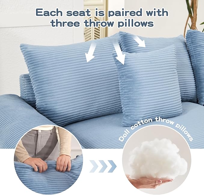 KEIKI 54" Oversized Corduroy Modular Sectional Single Sofa with High-Density Foam Cushions, Extra-Thick Armrests, Upholstered Modern 1-Seater Lounge Accent Chair with 3 Pillow, for Living Room, Blue