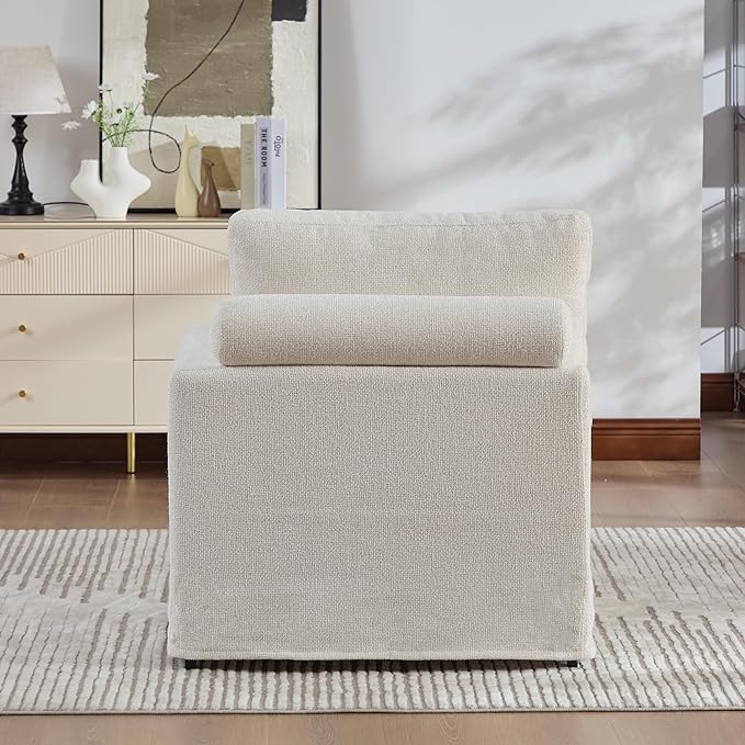 KEIKI 60" Chaise Lounge Chair Indoor, Modern Deep Seat Sofa Bed, Corduroy Couch with Cushions, Single Sleeper Chair for Living Room, Bedroom, Apartments, Ivory (Right Side)