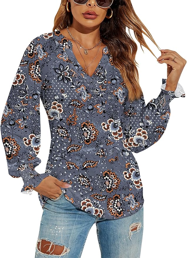 Romanstii Women's Casual V-Neck T-Shirts Loose Puff Long Sleeve Tops Tunic Blouses