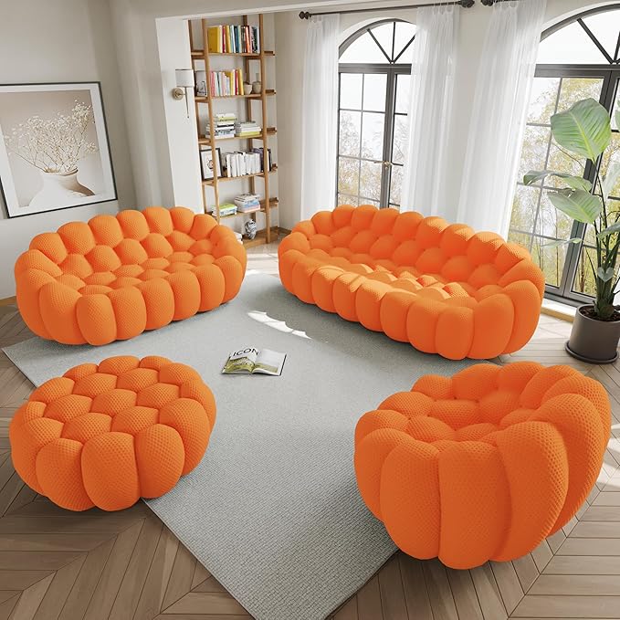 WJShome Modular Sectional Sofa,Bubble Couch Set,1 Seater+ LoveSofa+ 3 Seater+Ottoman,Modern Upholstered Bean Bag Sofa Couch Mesh Fabric Lazy Floor Chair Living Roon Sets (Orange, 98.43"+79"+48"+42")