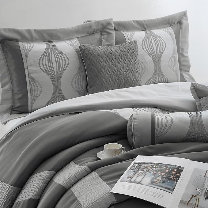 Grand Avenue 7 Piece Grey Comforter Set, Queen Size Jacquard Bedding Set, All Season Geometric Patchwork Bedding Set, Matching Pillows, Shams, Bed Skirt