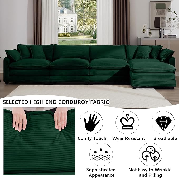 Aoowow Corduroy 4 Seater Cloud Couch with Ottoman,Modern Cloud Couches for Living Room,Modular Sectional Cloud Sofas with Deep Seat,Oversized Tufted L-Shaped Sofa Set (Green, 4 Seater + 1 Ottoman)