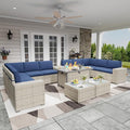 Broivira 13 Piece Patio Furniture Set with 50,000 BTU Rattan Fire Pit Table That Converts to Coffee Table, 9.8" Wide Arm Sectional Sofa with Storage Armrests, Outdoor Rattan Conversation Set, Blue