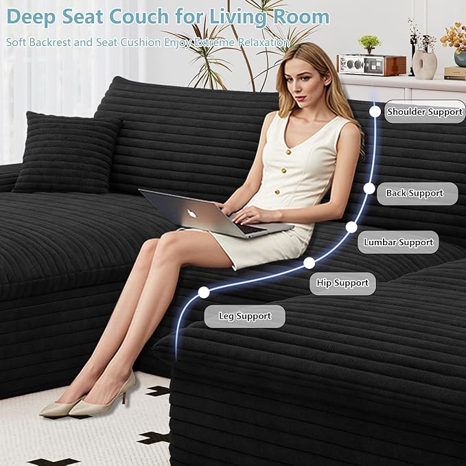 107" Cloud Sectional Couch with U-Shaped Chaise,Corduroy Viral Boneless Sofa with Ottoman,Memory Foam Couches in a Box with Deep Seat for Living Room,No Assembly Required(Jet Black,Left-Facing Chaise)
