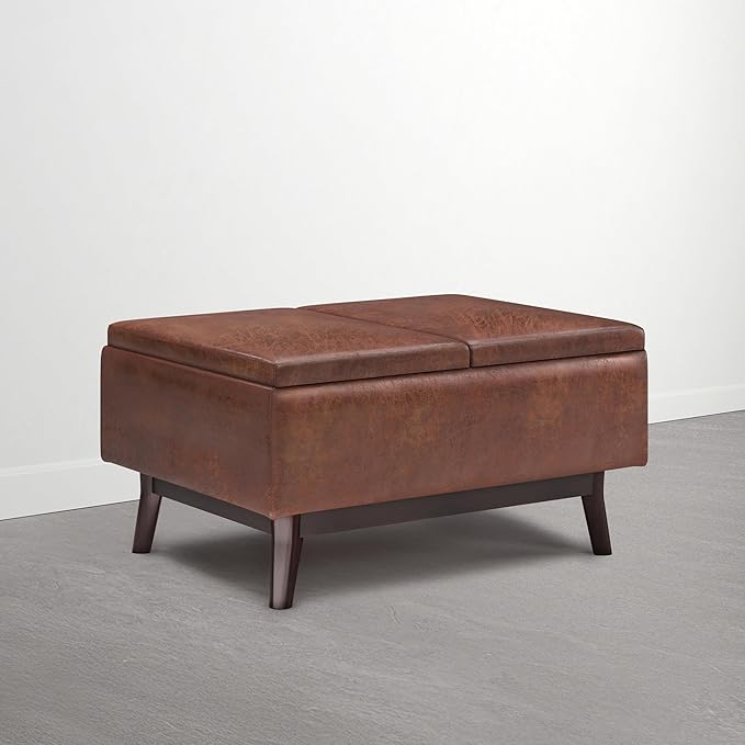SIMPLIHOME Owen Small Coffee Table Storage Ottoman - 34 inch Wide Upholstered Vegan Leather Rectangle Ottoman in Distressed Pecan Brown, Mid-Century Modern Ottoman for Entryway with Serving Trays