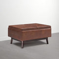SIMPLIHOME Owen Small Coffee Table Storage Ottoman - 34 inch Wide Upholstered Vegan Leather Rectangle Ottoman in Distressed Pecan Brown, Mid-Century Modern Ottoman for Entryway with Serving Trays