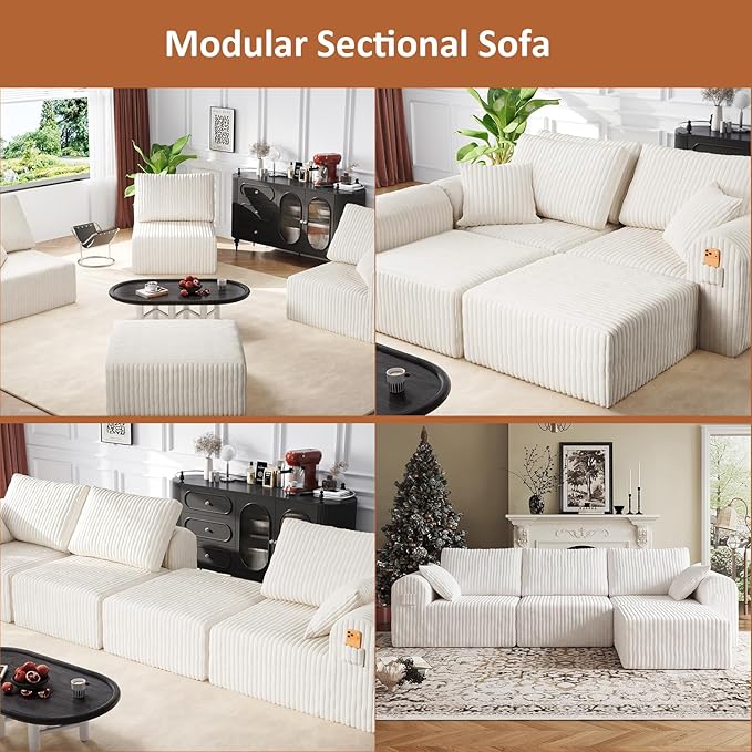 106" Modular Sectional Sofa, Boneless Couches for Living Room, L-Shape Sofa Couches,Cloud Couch Sectional, Comfy Corduroy Sofa, with Deep Seat, No Assembly Required (Beige, 3 Seater + 1 Ottoman)
