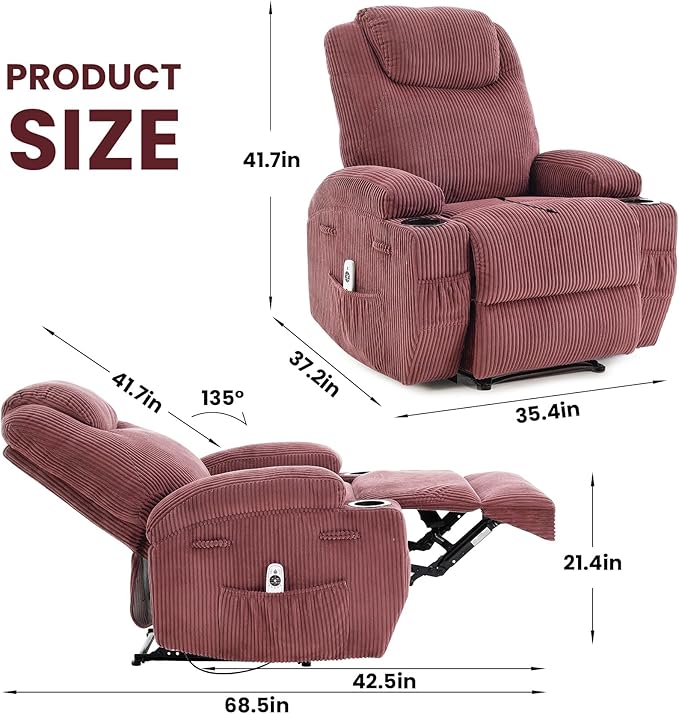 Massage Recliner Chair with Heat - Ultra-Comfortable Reclining (135° Adjustable), Dual Cup Holders & Side Storage Pockets, Easy Tool Assembly, Dark Green