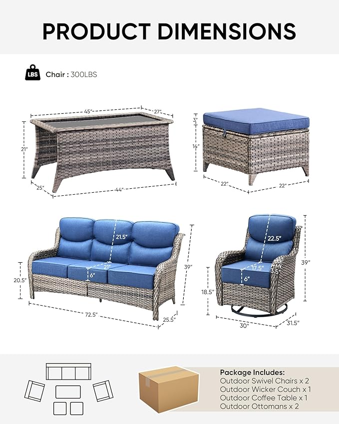 HUMMUH Wicker Patio Furniture Set 6 Inch Thick Cushion Outdoor Swivel Rocker Patio Chairs with Deep Seat Sofa 6PCS Outdoor Furniture Set for Porch Garden Deck