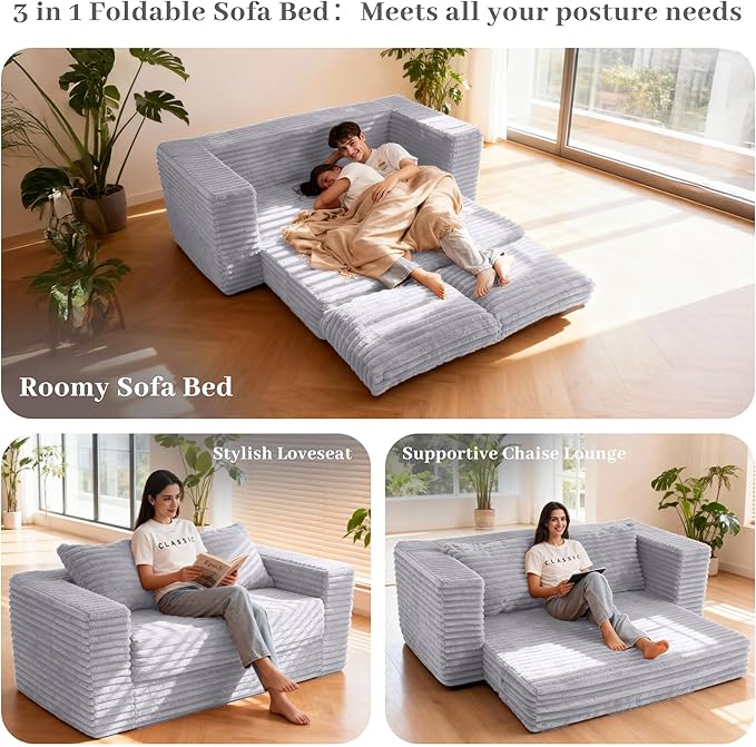 HABUTWAY Convertible Folding Sofa Bed Couch,3 in 1 Pull Out Couch Bed,Loveseat Sleeper Sofa Bed,Boneless Couches with Pillows for Living Room Bedroom, Light Grey
