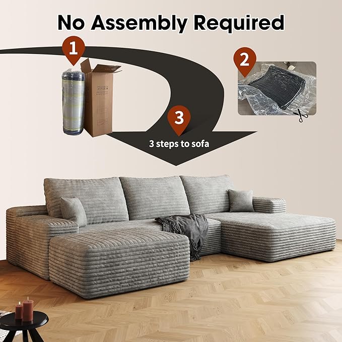 AUGOP 108" Sectional Couches for Living Room Modern Modular Sofa with L-Shape Couchs Upholstered Boneless Couch Deep Seat Sectional Couch with Chaise (Grey, Right Facing Chaise+2Seaters+1Ottoman)