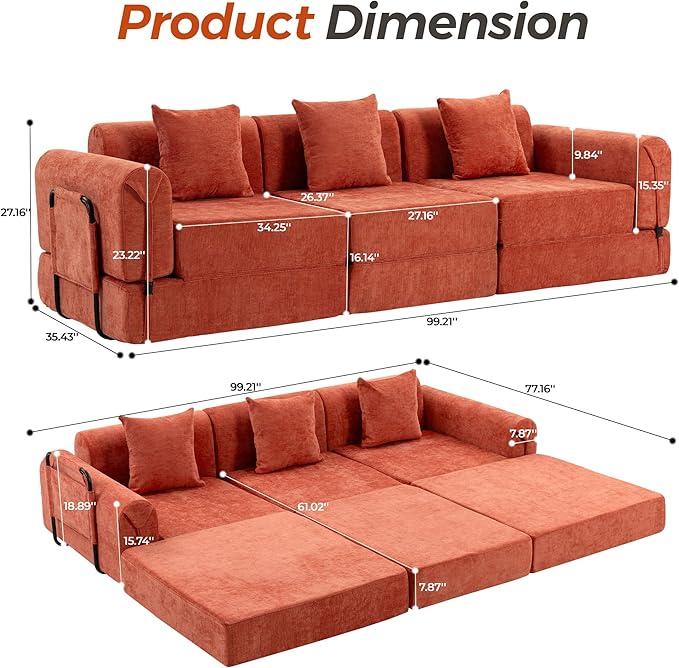 100" Oversized Convertible Sleeper Sofa Bed, Modular Sectional Cloud Sofa with Fixed-Shape Frame & Tabletop, Boneless Couch with Storage Pocket for Living Room, No Assembly Required, Orange
