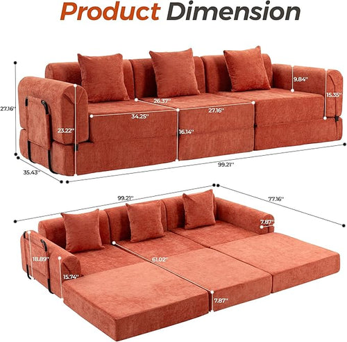 100" Oversized Convertible Sleeper Sofa Bed, Modular Sectional Cloud Sofa with Fixed-Shape Frame & Tabletop, Boneless Couch with Storage Pocket for Living Room, No Assembly Required, Orange