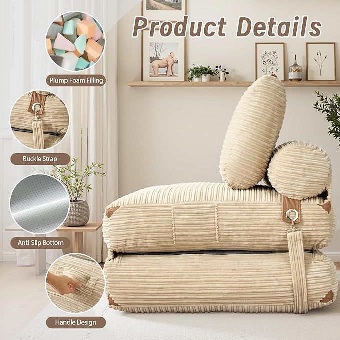 CAODOC Folding Sofa Bed Convertible Sleeper Chair with Pillow, Foldable Mattress Lounge Chair for Living Room Bedroom, Portable Guest Bed Beige