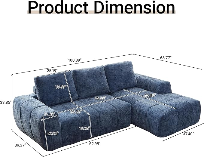 KEIKI Sectional Chenille Floor Sofa, Convertible L-Shaped Boneless Cloud Sleeper Couch with Chaise Lounge, Space Saving Modular Futon Couches Bed for Living Room Bedroom, No Assembly Required, Blue