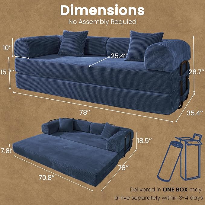 79" Convertible Sofa Bed, Boneless Corduroy Sleeper Foldable Modular Couch, Memory Foam Compressed Sofa in A Box, Folding Mattress Floor Couch for Small Space Living Room Apartment Bedroom, Blue