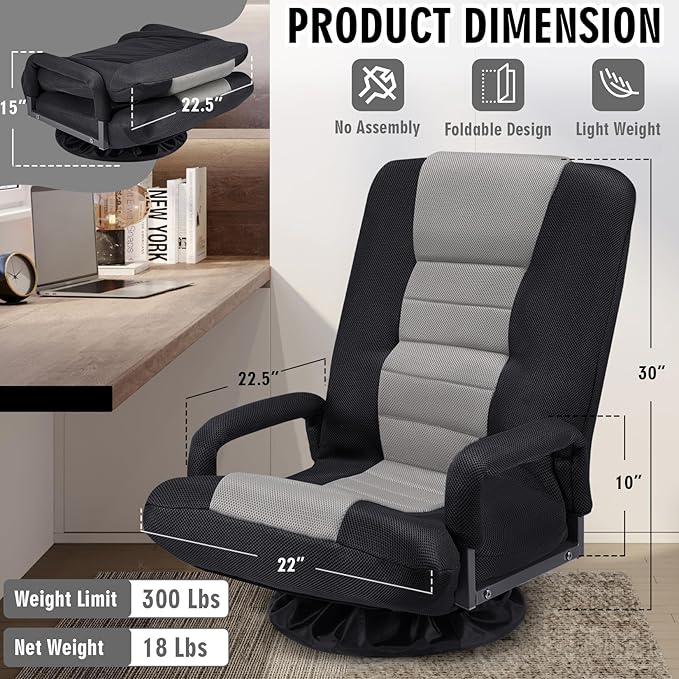 Swivel Floor Gaming Chair w/Armrests,Folding Video Reclining Sofa w/6 Adjustable Position, Padded Backrest & Cushion, Lazy Lounger Couch for E-Sports, Reading, Relaxing, Watching TV, Grey