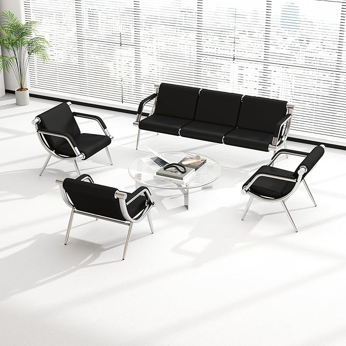 Kinfant Waiting Room Chair- Office Reception Furniture with Armrest and PU Leather Cushion, Office Guest Chair for Waiting Room Airport Hospital Bank Lobby, Black (6 Seat)