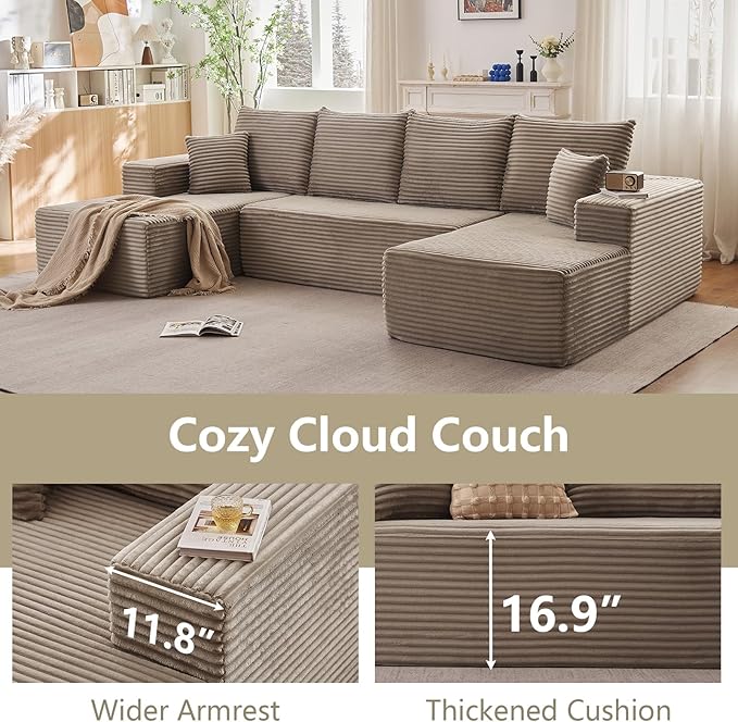 Sectional Cloud Couch for Living Room, Stupendous U Shaped Sofas, Modular Floor Deep-Seat Sofa, Big Comfy Corduroy Couches Set with Fluffy Memory Foam, No Assembly Required, Camel