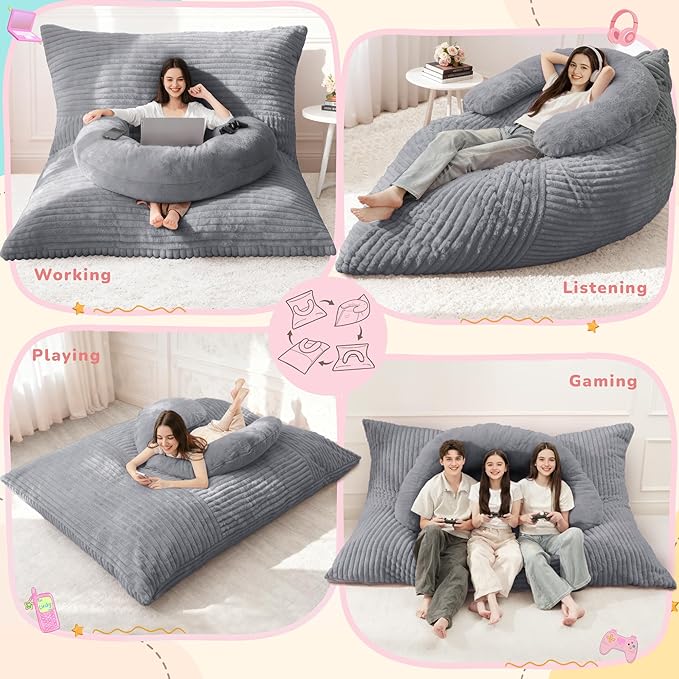 Homguava Giant Bean Bag Chair for Adults with Pillow, 4 in 1 Convertible Floor Cushion for Adluts, Memory Foamed Bean Bag Lounger with Washable Cover for Living Room, Bedroom