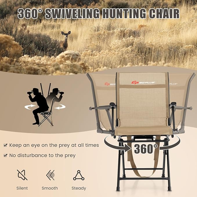 Goplus Hunting Chair, 360° Swivel Folding Hunting Blind Chair with Carrying Strap, 330LBS Capacity, Portable Deer Hunting Stool, Silent Ground Dove Hunting Chair, No Assembly