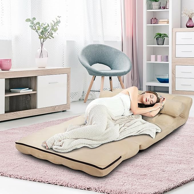 DORTALA Foldable Floor Sofa, 6-Position Adjustable Lounge Couch with 2 Pillows & Suede Cloth Cover, Modern Lounge Mattress Video Gaming Lazy Couch, Suede Floor Seating Sofa, 71" x 44.5", Beige
