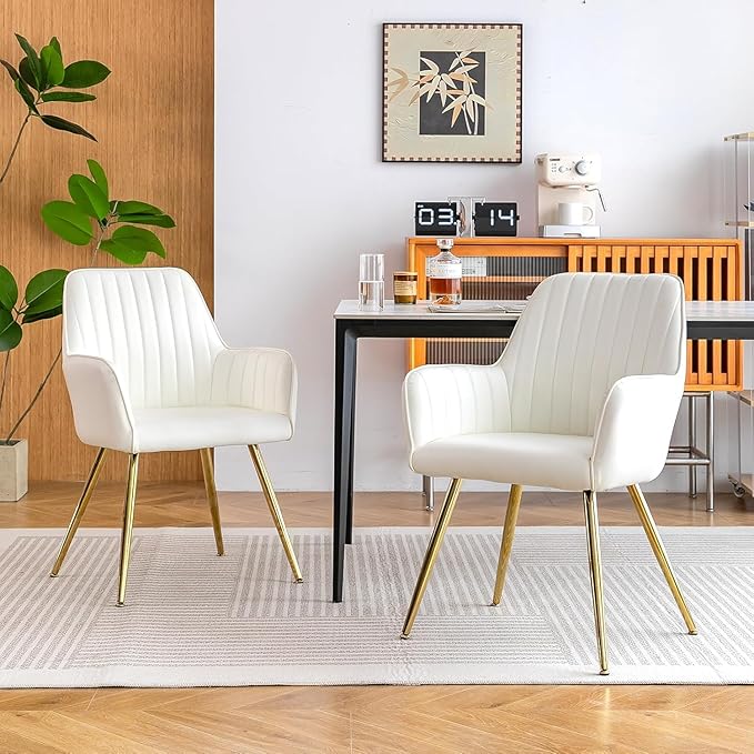 Purgreen Faux Leather Dining Chair Set of 4 - Modern Mid-Back Accent Chair with Gold Plating Legs - Comfy Upholstered Chair for Living Room ，Kitchen & Reception Room (Leather Beige, Set of 4)