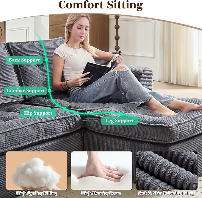 Modular Sectional Sofa, Modern Boneless Couch with L-Shape Chaise, Home Sectional Comfy Sofa Set for Living Room Bedroom and Floor, Plush Corduroy, No Assembly Required (Gray)
