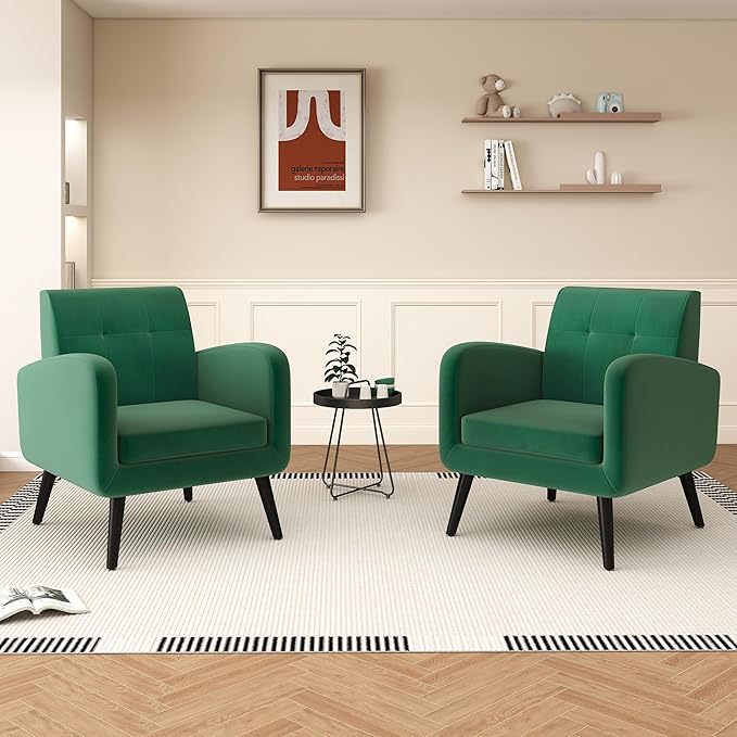 LSSPAID Accent Chair, Modern Velvet Living Room Chairs, Comfy Upholstered Armchairs Single Sofa Chair with Solid Wood Legs, Green