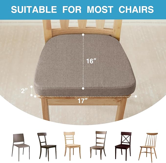 Chair Cushions for Dining Chairs Set of 6, Non Slip Kitchen Chair Pads, 17" x 16" x 2", Indoor Dining Chair Cushions with Ties, D-Shaped Seat Cushions for Kitchen Chairs, Light Brown
