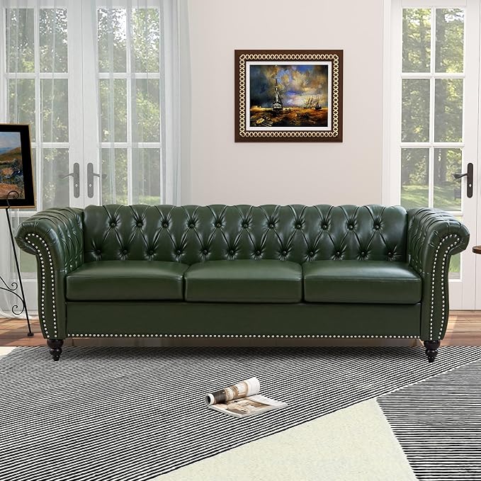 QHITTY Accent Large Sofa, Chesterfield Couch 3 Seater Modern Leather Couch Upholstered Sofa with Tufted Back for Living Room Furniture (Green)