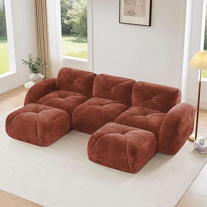 Modular Sectional Sofa with Free Combination,Boneless Floor Couch for Living Room & Lounge,Velvet 3-Seater Sectional Couch with 2 Ottomans,No Assembly Needed