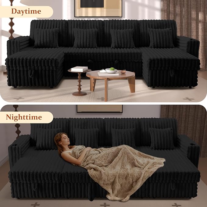 124" Sectional Sleeper Sofa with Pull Out Bed, Comfy Fluffy Plush Corduroy Cloud Sectional Couches for Living Room, U Shaped Modular Couch with Storage Chaise, Cup Holder & USB Charger, Black