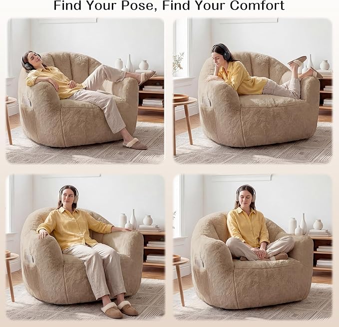 Homkdom Bean Bag Chair, Giant Bean Bag Chair for Adults, Shell-Shaped Bean Bag Couch with Armrests & Side Pockets, Comfy Beanbag Lazy Couch Reading Chair for Bedroom, Living Room, Khaki