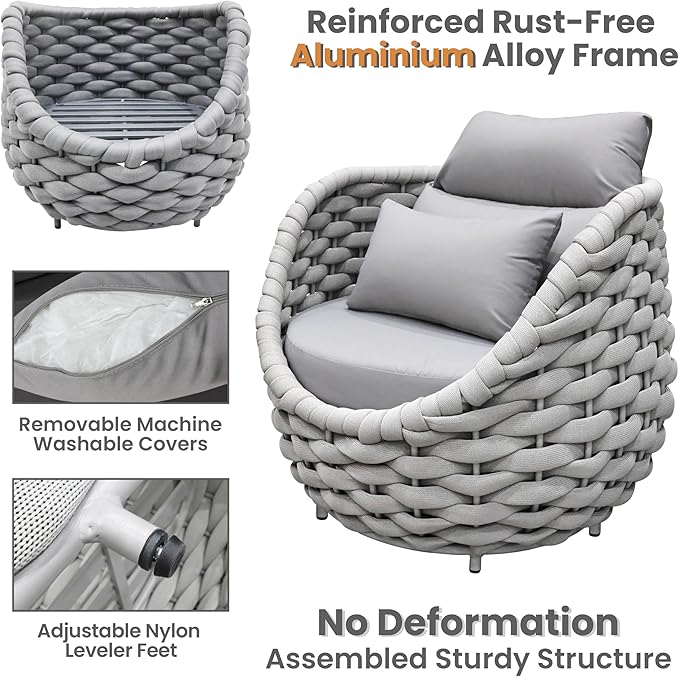 Erotr Woven Rope Patio Sofa Furniture Set of 4: Aluminum All Weather Outdoor Conversation Set, Couch Armchair and Loveseat Set with Table Cushions for Deck Porch Poolside Garden Backyard Hotel - Gray
