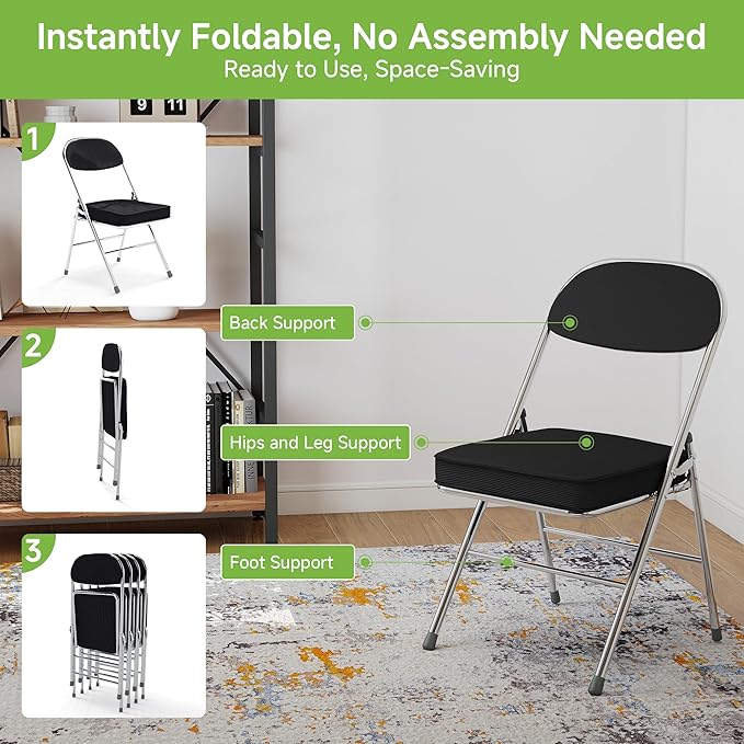 Real Relax Folding Chairs with Padded Thick Seat, Durable Corduroy Fabric, Portable Stackable Commercial Folding Office Chair with Steel Frame for Events Office Wedding Party,650LB,2 Pack,Black