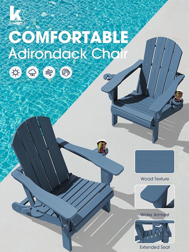 KINGYES Folding Adirondack Chair Set of 2, Dual Cup Holders & All-Weather HDPE, Wood-Like Patio Chair for Backyard, Camping, Pool & Fire Pit, Blue