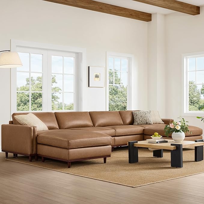 CHITA 153" Super Large Luxury U Shape Convertible Sectional Modular Sofa, Down Filled Modern Sofa, Deep Seat Cloud Couch, 6 Seat Couch with Chaise, 2 Ottomans, Solid Wood Leg, Faux Leather in Camel