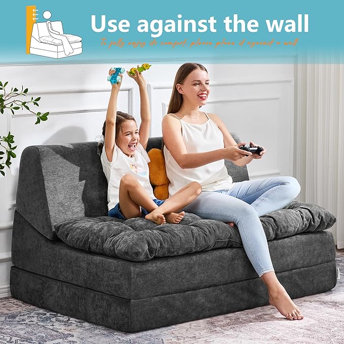 Hobestluk Sofa Couch Folding Sofa Bed Sleeper Comfy Floor Lounger Loveseat Sofa with Removable Cushion Couches Foldable Mattress for Living Room Bedroom or Office (Chenille Grey, Oversize)