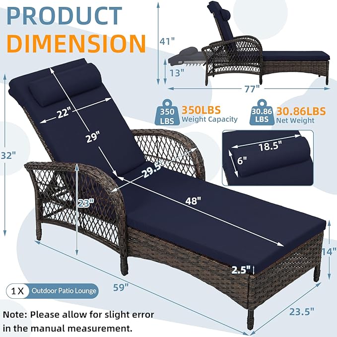 WINGTU Outdoor Chaise Lounge Chair, PE Wicker Long Recliner Patio Lounge Chair with Cushion, 6-Position Patio Reclining Sun Lounger with Adjustable Backrest for Poolside, Armrest & Pillow, Navy Blue