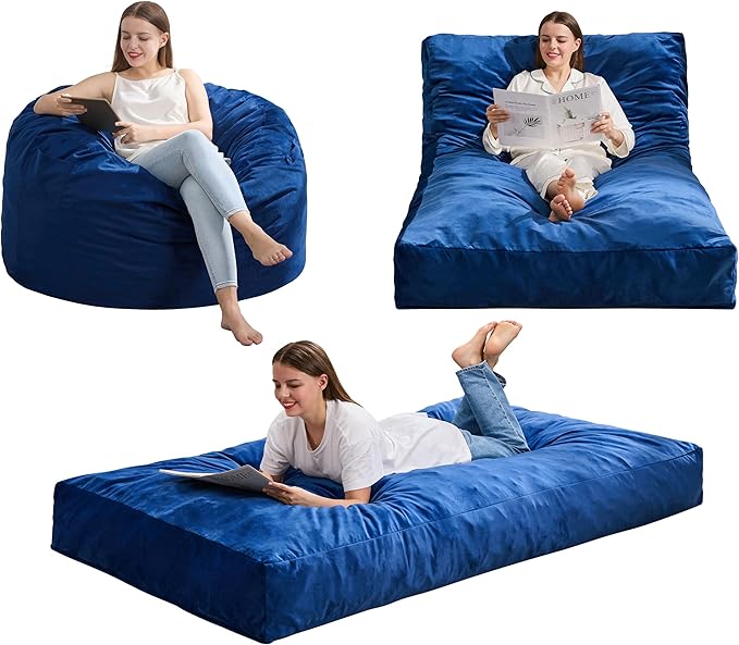 Hobestluk Giant Bean Bag Chair Bed for Adults, Large Bean Bags with High-Density Foam Filling, Convertible Big Sofa Bed Couch for Living Room, Bedroom, Playroom (Blue, Twin)