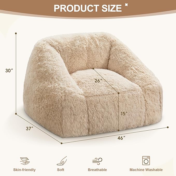 Hobestluk Bean Bag Chairs for Adults Giant Bean Bag Chair with Memory Foam Filling, Adult Beanbag for Bedroom, Living Room (White Plush)